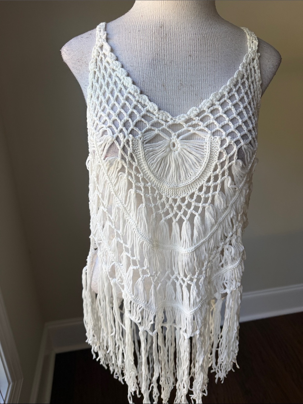 Boho Crochet Fringe Swim Coverup - Cream